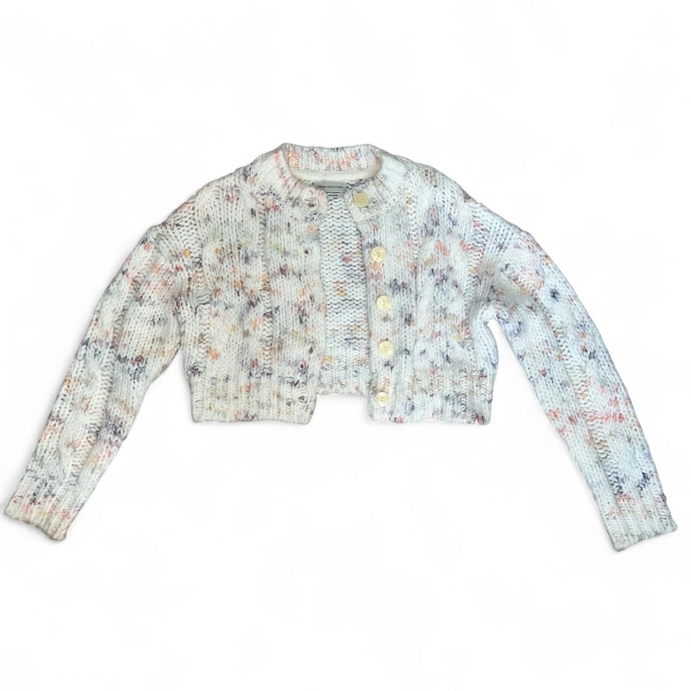 Urban Outfitters Cropped Chunky Knit Cardigan Sweater Cream Multicolor Speckled